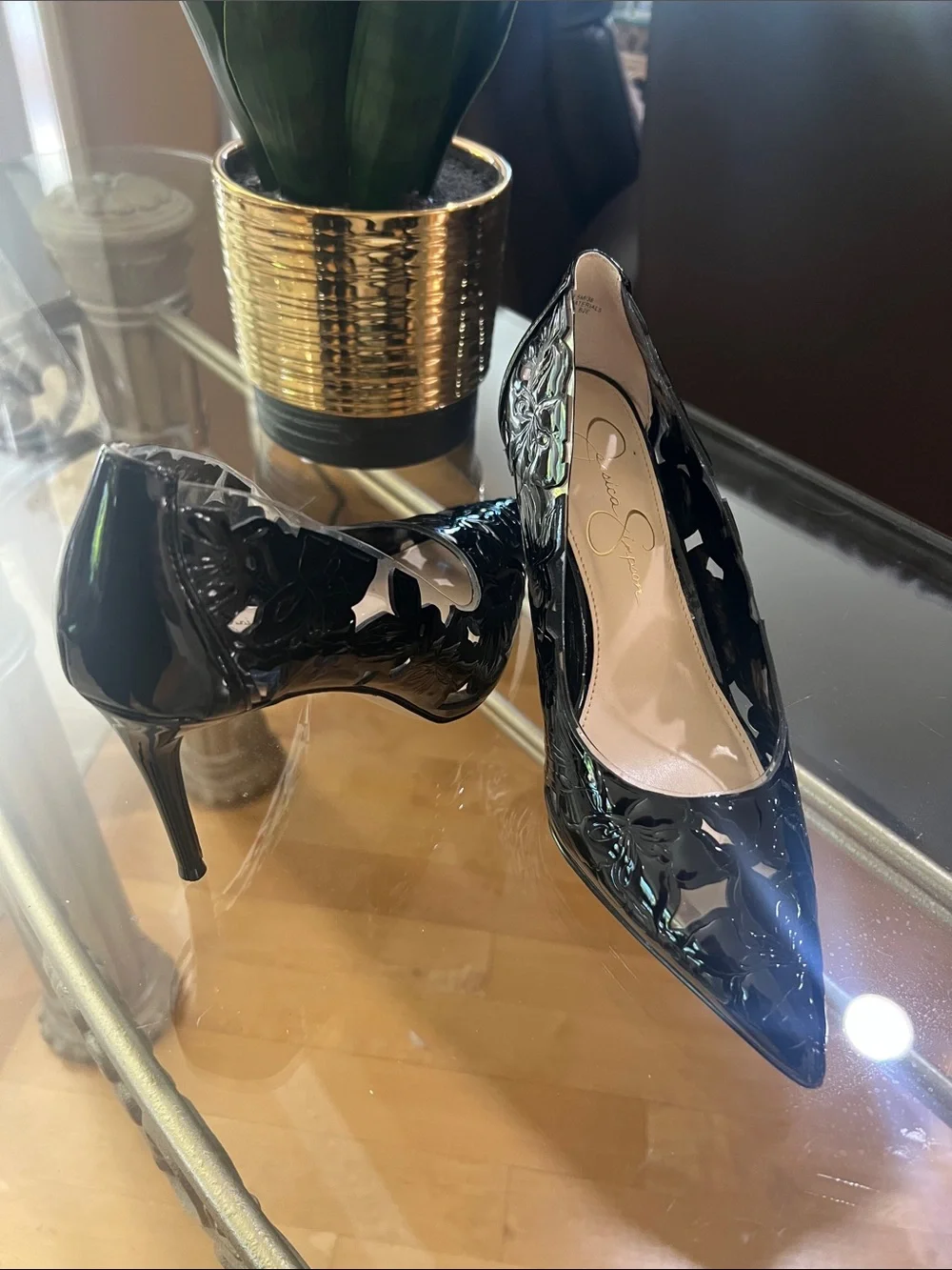 Jessica Simpson Black Patent Pointed Toe Pumps with Floral Embossing